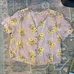 Madewell short sleeve button up blouse - pink with flowers - size M